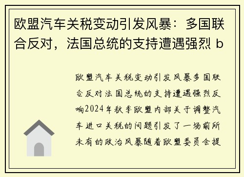 欧盟汽车关税变动引发风暴：多国联合反对，法国总统的支持遭遇强烈 backlash