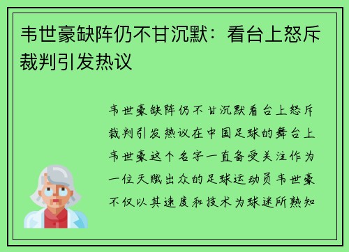 韦世豪缺阵仍不甘沉默：看台上怒斥裁判引发热议