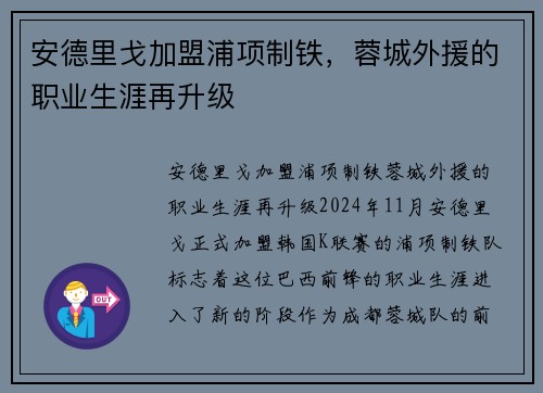 安德里戈加盟浦项制铁，蓉城外援的职业生涯再升级