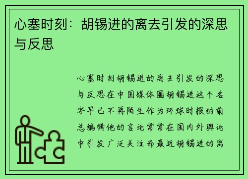 心塞时刻：胡锡进的离去引发的深思与反思