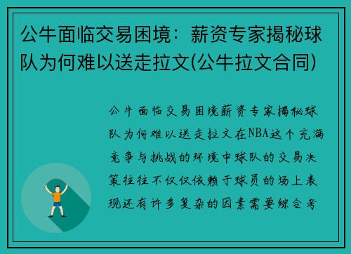 公牛面临交易困境：薪资专家揭秘球队为何难以送走拉文(公牛拉文合同)