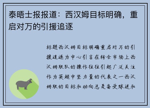 泰晤士报报道：西汉姆目标明确，重启对万的引援追逐